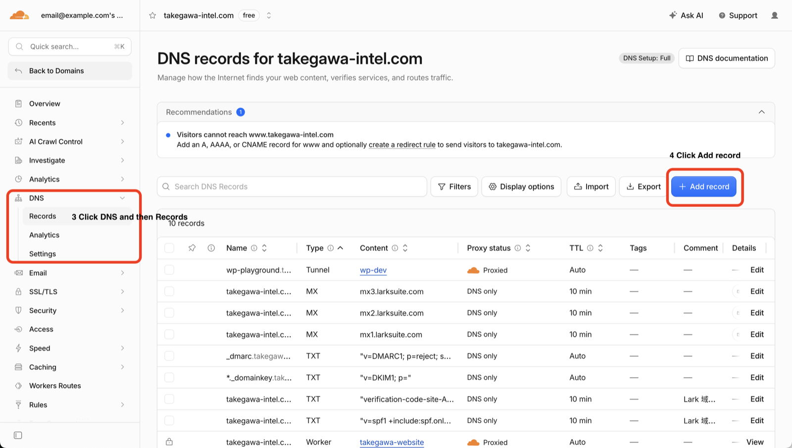 DNS レコード一覧と Add record ボタン