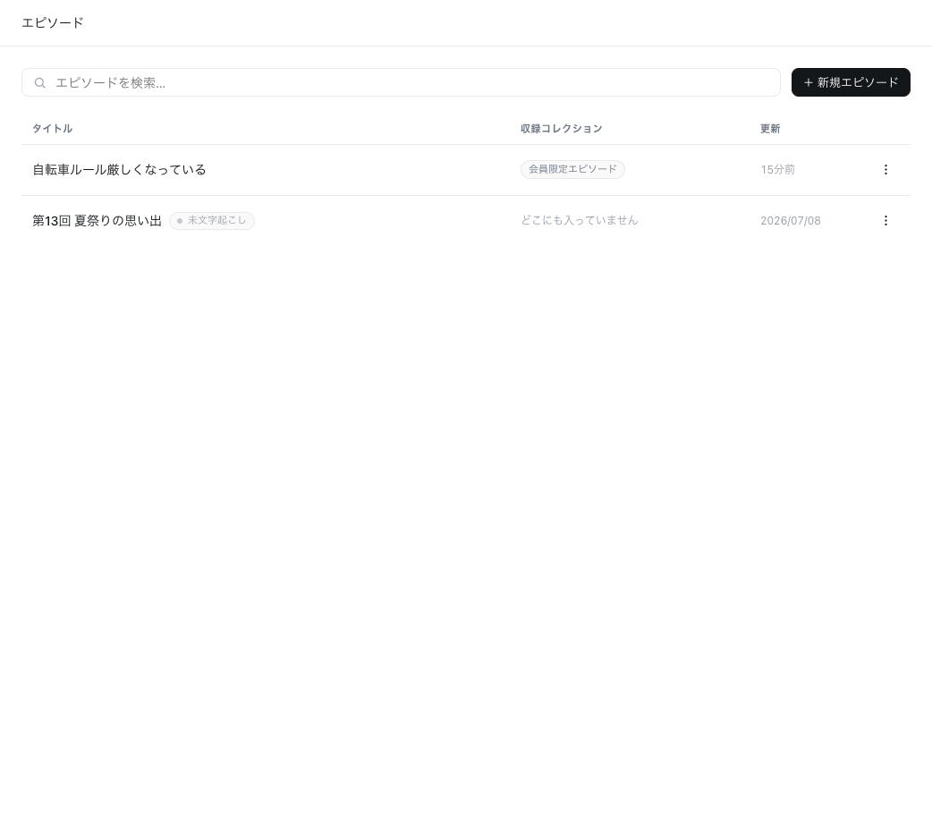 「＋ 新規エピソード」ボタンを押すとアップロードのダイアログが開くアニメーション