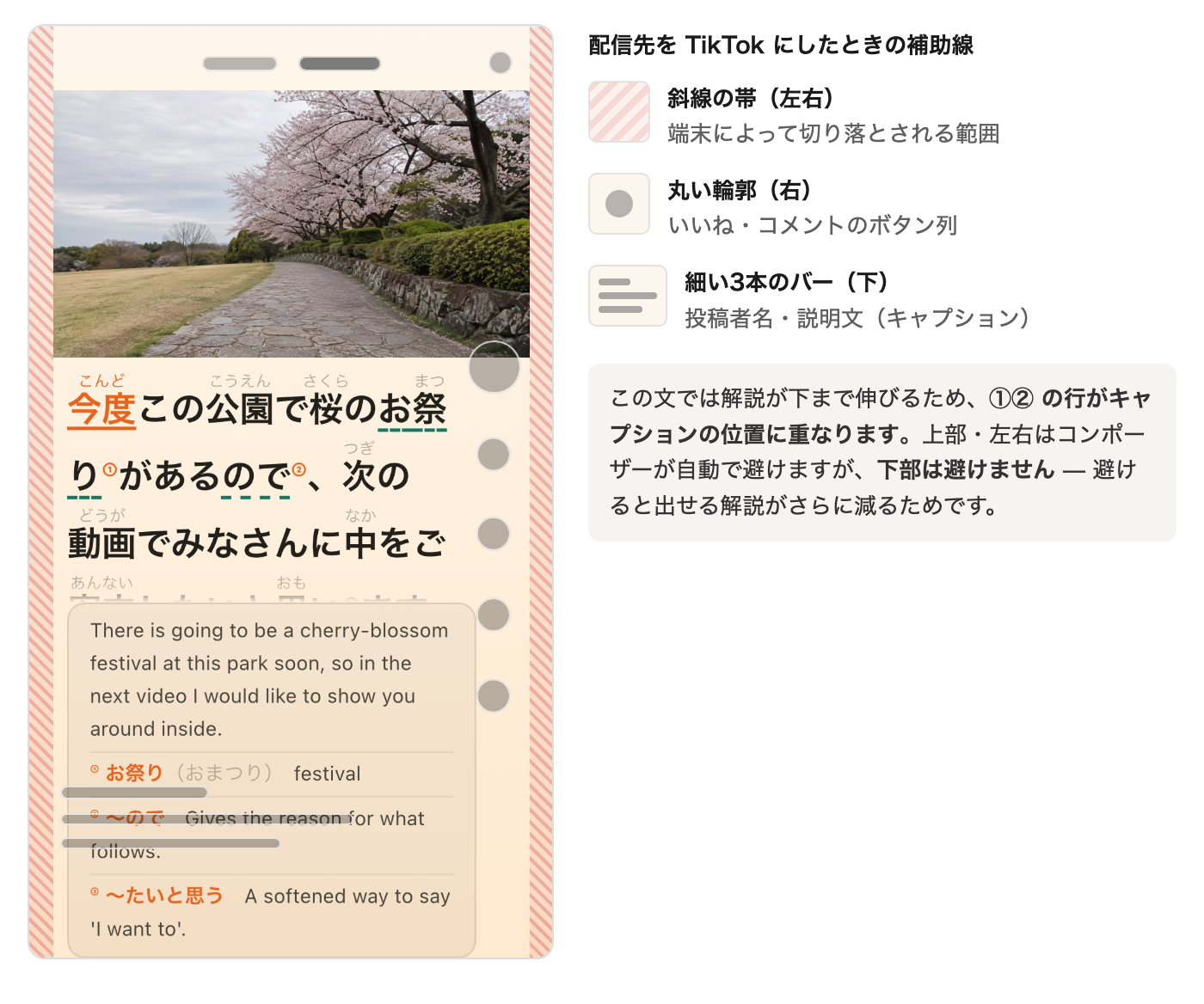 配信先を TikTok にしたプレビューと補助線の凡例。解説ブロックの上に、投稿者名と説明文を表す灰色の細いバーが3本重なっている